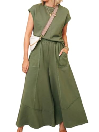ORANDESIGNE Damen Sommer 2 Teiliges Outfit Elegant Jumpsuit Rundhals Ärmellose Tank Top Weste mit Tasche + Kurze Hose mit Weitem Bein Damenanzug Einfarbig Loungewear A Grün XL von ORANDESIGNE