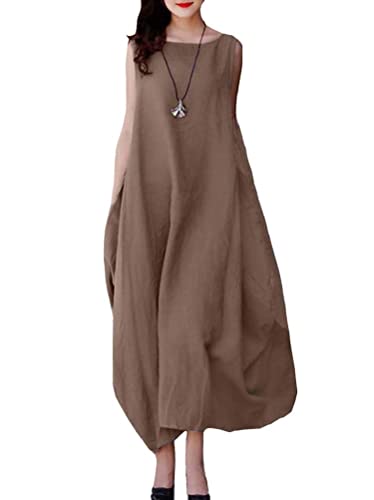 ORANDESIGNE Damen Sommer Baumwoll Leinen Kleid Ärmelloses Rundhals Boho Sommerkleid Leinenkleid Casual Freizeitkleid Strandkleid Einfarbig Locker Lange Kaftan Midikleid mit Taschen A Braun XL von ORANDESIGNE