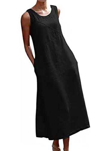 ORANDESIGNE Damen Sommer Baumwoll Leinen Kleid Ärmelloses Rundhals Boho Sommerkleid Leinenkleid Casual Freizeitkleid Strandkleid Einfarbig Locker Lange Kaftan Midikleid mit Taschen B Schwarz L von ORANDESIGNE