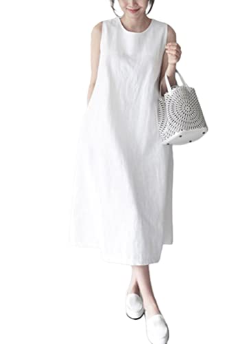 ORANDESIGNE Damen Sommer Baumwoll Leinen Kleid Ärmelloses Rundhals Boho Sommerkleid Leinenkleid Casual Freizeitkleid Strandkleid Einfarbig Locker Lange Kaftan Midikleid mit Taschen E Weiß S von ORANDESIGNE