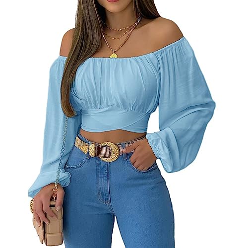 ORANDESIGNE Damen Sommer Casual Bluse Elegant Oberteile Schulterfrei Langarm Trompetenärmel Tunika Tshirt Top Blumen Muster Bauchfrei Crop Tops Oberteile A Blau XS von ORANDESIGNE