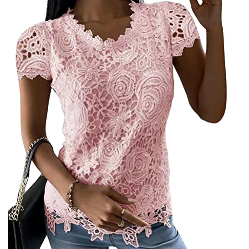 ORANDESIGNE Damen Sommer Casual Bluse Elegant Oberteile Spitze Tunika T-Shirt Bluse Sommer Kurzarm Oberteile Spitzen Casual Rundhalsausschnitt Shirts AB Rosa XL von ORANDESIGNE