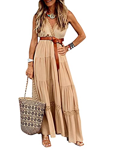 ORANDESIGNE Damen Sommer Freizeitkleid Ärmelloses Maxikleid Einfarbig Hohe Taille Sexy Tiefes V-Ausschnitt Langes Kleid Chiffon Spitzenkleid mit Punktdruck Boho Strandkleid A Khaki, L von ORANDESIGNE