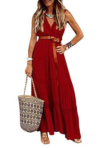 ORANDESIGNE Damen Sommer Freizeitkleid Ärmelloses Maxikleid Einfarbig Hohe Taille Sexy Tiefes V-Ausschnitt Langes Kleid Chiffon Spitzenkleid mit Punktdruck Boho Strandkleid A Rot XL von ORANDESIGNE