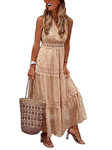 ORANDESIGNE Damen Sommer Freizeitkleid Ärmelloses Maxikleid Einfarbig Hohe Taille Sexy Tiefes V-Ausschnitt Langes Kleid Chiffon Spitzenkleid mit Punktdruck Boho Strandkleid B Aprikose S von ORANDESIGNE