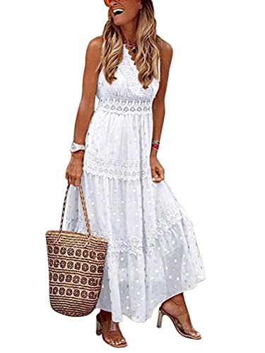 ORANDESIGNE Damen Sommer Freizeitkleid Ärmelloses Maxikleid Einfarbig Hohe Taille Sexy Tiefes V-Ausschnitt Langes Kleid Chiffon Spitzenkleid mit Punktdruck Boho Strandkleid B Weiß XXL von ORANDESIGNE
