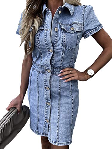 ORANDESIGNE Damen Sommer Jeanskleid Beiläufige Ausschnitt Jeanskleid Elegant Bodycon V-Ausschnitt Knopf Knielang Denim Blusekleid A01-L von ORANDESIGNE