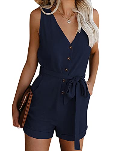 ORANDESIGNE Damen Sommer Kurz Jumpsuit Einfarbig Elegant Schulterfrei Ärmellos V-Ausschnitt Overall Knöpfe Playsuits mit Taschen Hosenanzug Kurz Romper Shorts A Dunkelblau M von ORANDESIGNE