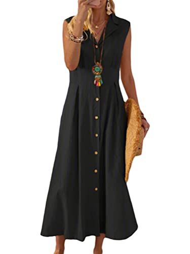 ORANDESIGNE Damen Sommer Leinenkleid Ärmellose Revers A-Linie Vintage Baumwolle Leinen Langes Kleid Einfarbig V-Ausschnitt Sonnenkleid C Schwarz M ORANDESIGNE Damen Sommer Leinenkleid Ärmellose Revers A-Linie Vintage Baumwolle Leinen Langes Kleid Einfarbig V-Ausschnitt Sonnenkleid C Schwarz M von ORANDESIGNE
