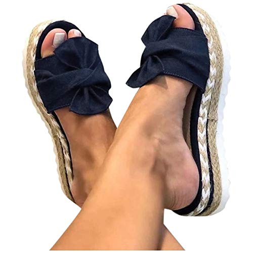 ORANDESIGNE Damen Sommer Sandalen Lässige Flache Schuhe Plateau Flat Heel Elegant Espadrilles Römersandalen Pantoletten Peep Toe Flip Flop Schuhe Strandsandalen B Blau 38 EU von ORANDESIGNE