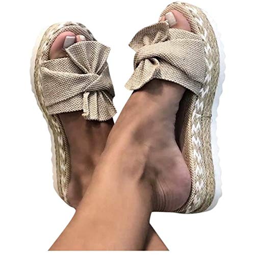 ORANDESIGNE Damen Sommer Sandalen Lässige Flache Schuhe Plateau Flat Heel Elegant Espadrilles Römersandalen Pantoletten Peep Toe Flip Flop Schuhe Strandsandalen B Khaki 37 EU von ORANDESIGNE