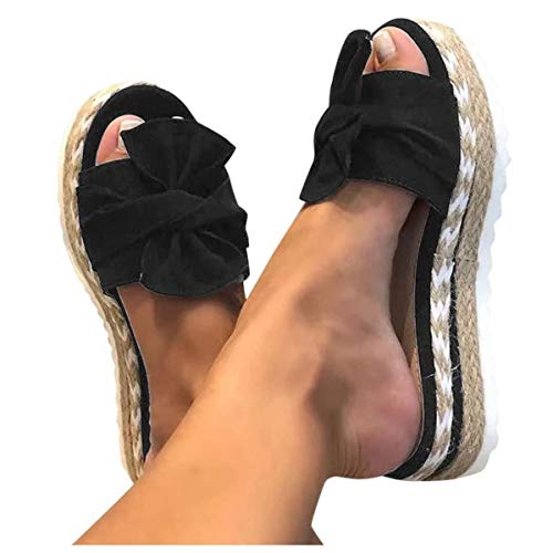 ORANDESIGNE Damen Sommer Sandalen Lässige Flache Schuhe Plateau Flat Heel Elegant Espadrilles Römersandalen Pantoletten Peep Toe Flip Flop Schuhe Strandsandalen B Schwarz 37 EU von ORANDESIGNE