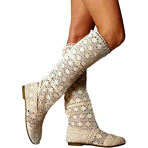 ORANDESIGNE Damen Sommer Stiefel Hohl Spitze Stiefeletten Flach Stickerei Hohe Stiefel Mesh Schlupfstiefel A Beige 41 EU von ORANDESIGNE