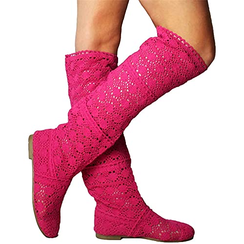 ORANDESIGNE Damen Sommer Stiefel Hohl Spitze Stiefeletten Flach Stickerei Hohe Stiefel Mesh Schlupfstiefel A Rose 39 EU von ORANDESIGNE