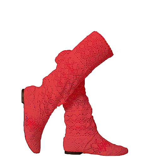 ORANDESIGNE Damen Sommer Stiefel Hohl Spitze Stiefeletten Flach Stickerei Hohe Stiefel Mesh Schlupfstiefel A Rot 38 EU von ORANDESIGNE