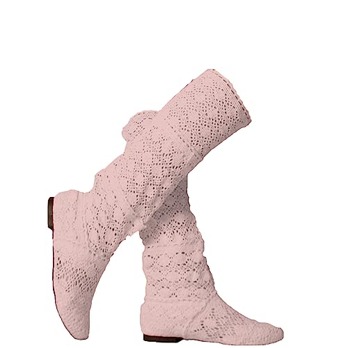 ORANDESIGNE Damen Sommer Stiefel mit Ausschnitt Stiefeletten Flach Stickerei Stiefel Sexy Mesh Schlupfstiefel Slip-On Schuhe Boots A Rosa 41 EU von ORANDESIGNE