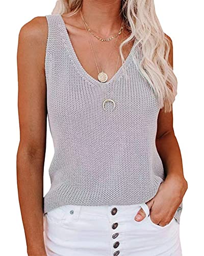 ORANDESIGNE Damen Sommer Stricken Tank Top Lockere Ärmellose Oberteile Bluse V-Ausschnitt Elegant Strickweste Loose fit Weste Sommerweste 01-grau XL von ORANDESIGNE