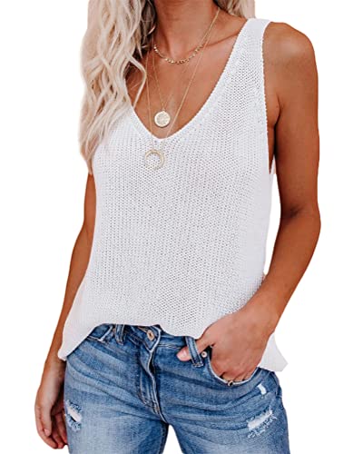 ORANDESIGNE Damen Sommer Stricken Tank Top Lockere Ärmellose Oberteile Bluse V-Ausschnitt Elegant Strickweste Loose fit Weste Sommerweste 01-weiß M von ORANDESIGNE