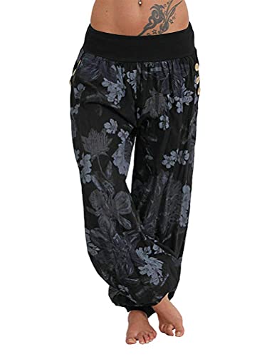 ORANDESIGNE Damen Sommerhose Pumphose Haremshose Weite Bein Hosen Blumenmuster Sommer Beiläufig Yogahosen Loose Leichte Aladinhose (XXL, 03 Schwarz) von ORANDESIGNE