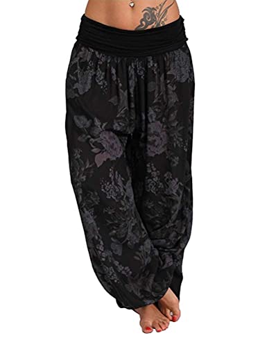 ORANDESIGNE Damen Sommerhose Pumphose Haremshose Weite Bein Hosen mit Blumen Muster Sommer Beiläufig Yogahosen Loose Leichte Aladinhose A Schwarz Medium von ORANDESIGNE