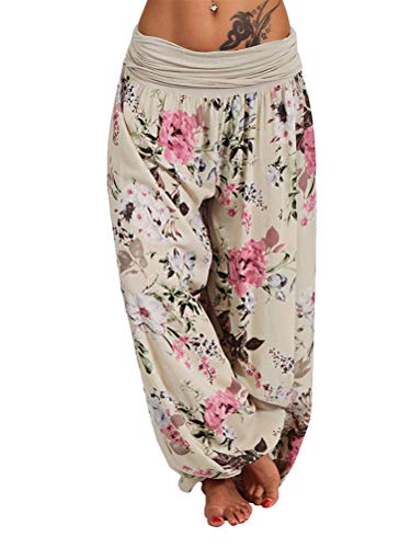 ORANDESIGNE Damen Sommerhose Pumphose Haremshose Weite Bein Hosen mit Blumenmuster Sommer Beiläufig Yogahosen Loose Leichte Aladinhose A Aprikose Large von ORANDESIGNE