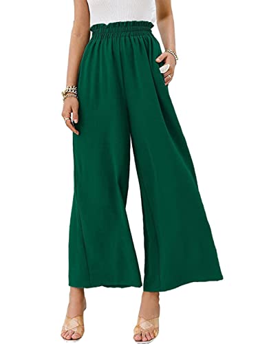 ORANDESIGNE Damen Sommerhose aus Baumwolle Leinen 7/8 Länge Einfarbig Leichte Stretch Bequeme Strandhose Freizeithose Culotte Weite 3/4 Hose mit Elastischem Bund A Dunkelgrün XS von ORANDESIGNE