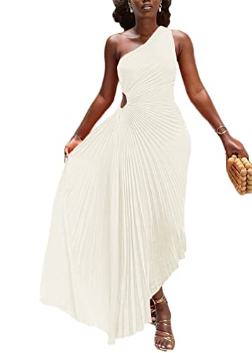 ORANDESIGNE Damen Sommerkleid Ärmellos One Shoulder Kleid Partykleid Midikleid Cocktailkleid Lang Abendkleider Schlitz Elegant für Hochzeit Kleid Abschlusskleid Festkleid B Beige M von ORANDESIGNE