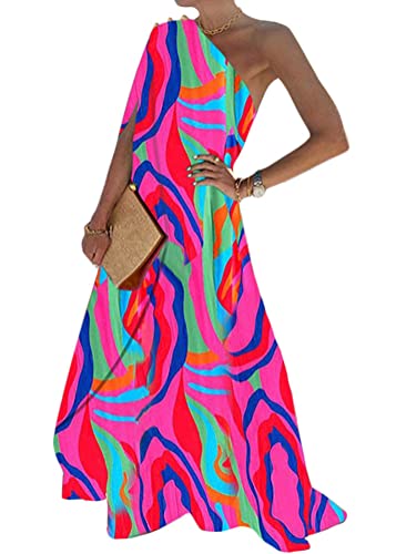 ORANDESIGNE Damen Sommerkleid Ärmellos One Shoulder Kleid Partykleid Midikleid Cocktailkleid Lang Abendkleider Schlitz Elegant für Hochzeit Kleid Abschlusskleid Festkleid E Rosenrot S von ORANDESIGNE