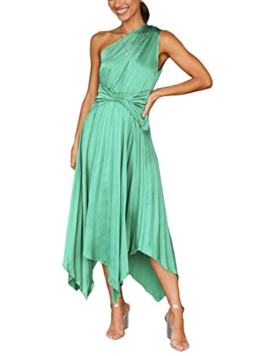 ORANDESIGNE Damen Sommerkleid Ärmellos One Shoulder Kleid Partykleid Midikleid Cocktailkleid Lang Abendkleider Schlitz Elegant für Hochzeit Kleid Abschlusskleid Festkleid G Grün L von ORANDESIGNE