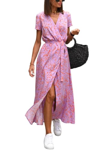 ORANDESIGNE Damen Sommerkleid Casual Blumenkleid Kurzarm V-Ausschnitt Wickelkleid Chiffonkleid Strandkleid Boho Midikleid Elegant Freizeitkleid Cocktail Partykleid mit Gürtel B Hellrosa M von ORANDESIGNE