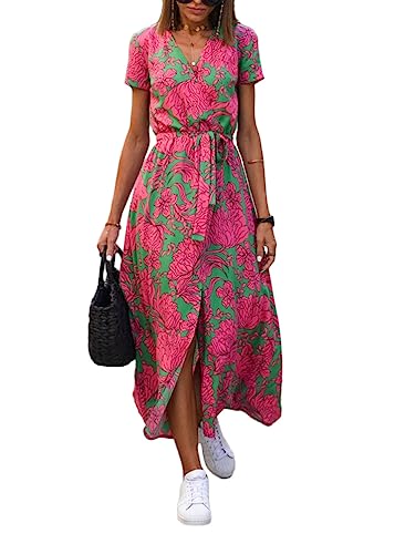ORANDESIGNE Damen Sommerkleid Casual Blumenkleid Kurzarm V-Ausschnitt Wickelkleid Chiffonkleid Strandkleid Boho Midikleid Elegant Freizeitkleid Cocktail Partykleid mit Gürtel B Rosa L von ORANDESIGNE