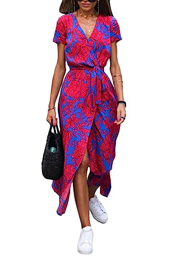 ORANDESIGNE Damen Sommerkleid Casual Blumenkleid Kurzarm V-Ausschnitt Wickelkleid Chiffonkleid Strandkleid Boho Midikleid Elegant Freizeitkleid Cocktail Partykleid mit Gürtel B Rot S von ORANDESIGNE