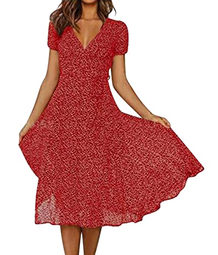 ORANDESIGNE Damen Sommerkleid Knielang Leicht Elegant Midikleid Festlich Freizeitkleid Kurzarm Casual V-Ausschnitt Boho A-Linie Polka Dots Kleid Rockabilly Cocktailkleid Strandkleid Rot 3XL von ORANDESIGNE