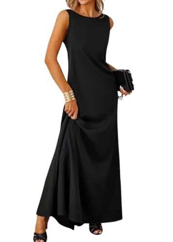 ORANDESIGNE Damen Sommerkleid Lang Sommer Maxikleider Elegante Sommerkleider Rundhalsausschnitt Freizeitkleid Einfarbig Cocktailkleid A Schwarz S von ORANDESIGNE