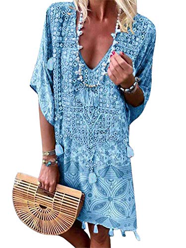 ORANDESIGNE Damen Sommerkleider V-Ausschnitt Strandkleider Einfarbig Kurzarm Casual A-Linie Kleid Boho Kleid Blau DE 44 von ORANDESIGNE