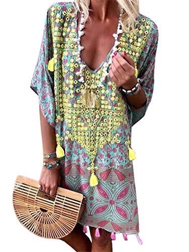 ORANDESIGNE Damen Sommerkleider V-Ausschnitt Strandkleider Kurzarm Casual A-Linie Kleid Boho Kleid Bohemian Quaste Midi Kleid (38, Gelb) von ORANDESIGNE