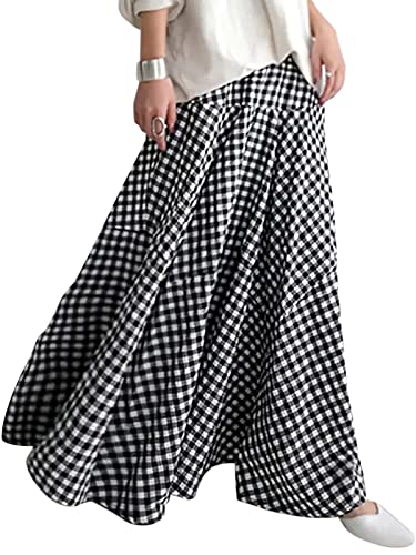 ORANDESIGNE Damen Sommerrock Boho Retro Maxi Langer Rock Elastische Taille Frauen Einfarbig Langer Rock Faltenrock Strandrock Long Skirt D Schwarz 3XL von ORANDESIGNE