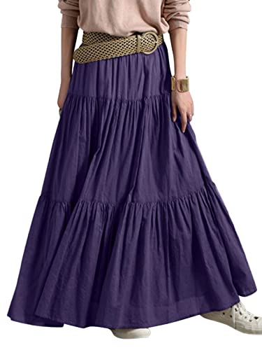 ORANDESIGNE Damen Sommerrock Boho Retro Maxi Langer Rock Elastische Taille Frauen Einfarbig Langer Rock Faltenrock Strandrock Long Skirt E Violett XL von ORANDESIGNE