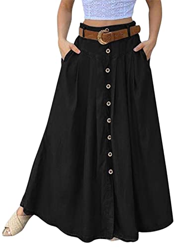 ORANDESIGNE Damen Sommerrock Boho Retro Maxi Langer Rock Elastische Taille Frauen Einfarbig Langer Rock Faltenrock Strandrock Long Skirt F Schwarz XXL von ORANDESIGNE