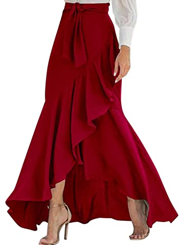 ORANDESIGNE Damen Sommerrock Boho Retro Maxi Langer Rock Elastische Taille Frauen Einfarbig Langer Rock Faltenrock Strandrock Long Skirt G Rot XXL von ORANDESIGNE