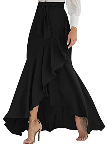 ORANDESIGNE Damen Sommerrock Boho Retro Maxi Langer Rock Elastische Taille Frauen Einfarbig Langer Rock Faltenrock Strandrock Long Skirt G Schwarz XL von ORANDESIGNE