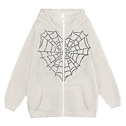 ORANDESIGNE Damen Spinnennetz Schmetterling Sweatshirt Goth Y2k Zip Hoodie Harajuku Sweatjacke Hooded Jacket Kapuzenjacke Unisex Basic Hoodie mit Reißverschluss Zip Up Oberteile A Weiß Schwarz XS von ORANDESIGNE