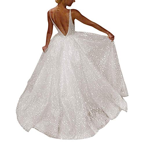 ORANDESIGNE Damen Spitzen Lange Brautjungfer Kleid Abendkleid Party Ärmellos Hochzeit Cocktailkleid Chiffon Faltenrock Kleid B Weiß M von ORANDESIGNE