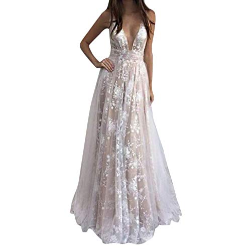 ORANDESIGNE Damen Spitzen Lange Brautjungfer Kleid Abendkleid Party Ärmellos Hochzeit Cocktailkleid Chiffon Faltenrock Kleid C Weiß XL von ORANDESIGNE