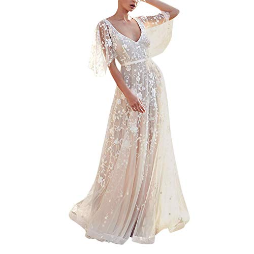 ORANDESIGNE Damen Spitzen Lange Brautjungfer Kleid Abendkleid Party Ärmellos Hochzeit Cocktailkleid Chiffon Faltenrock Kleid H Weiß M von ORANDESIGNE