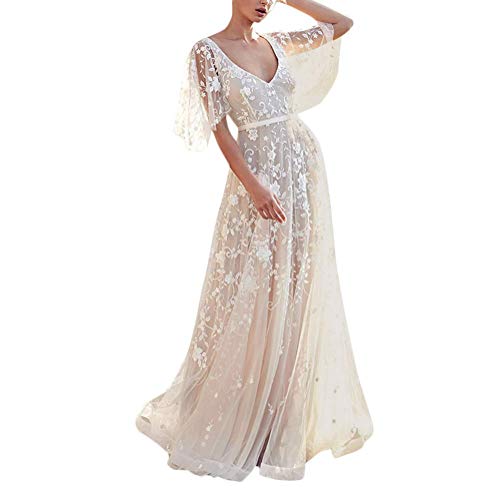 ORANDESIGNE Damen Spitzen Lange Brautjungfer Kleid Abendkleid Party Ärmellos Hochzeit Cocktailkleid Chiffon Faltenrock Kleid H Weiß XL von ORANDESIGNE