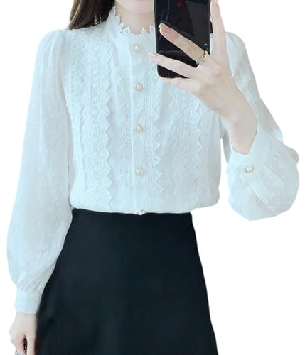 ORANDESIGNE Damen Spitzenbluse Button Down Langarm Blusen V-Ausschnitt Stehkragen Schickes Elegante Hemd Langarmshirt Lässige Spitzen Oberteile Tunika Bluse Damenblusen Hemdbluse C Weiß L von ORANDESIGNE
