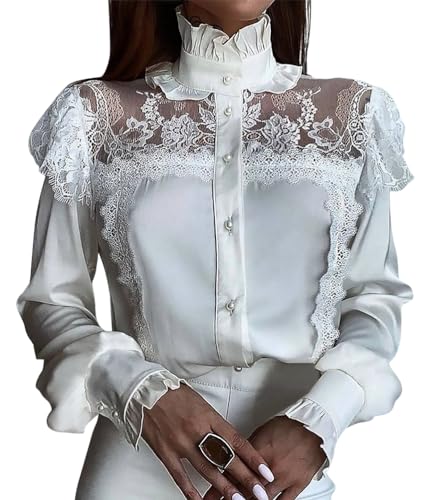 ORANDESIGNE Damen Spitzenbluse Button Down Langarm Blusen V-Ausschnitt Stehkragen Schickes Elegante Hemd Langarmshirt Lässige Spitzen Oberteile Tunika Bluse Damenblusen Hemdbluse D Weiß S von ORANDESIGNE