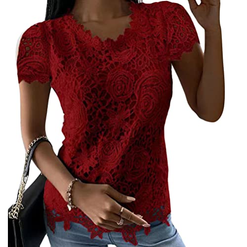 ORANDESIGNE Damen Spitzenbluse Kurzarm Oberteil Spitzenshirt Tunika Damen Bluse Spitze Hemd Langarm Elegant Tops Einfarbig Oberteile Tunika Tops AB Rot L von ORANDESIGNE