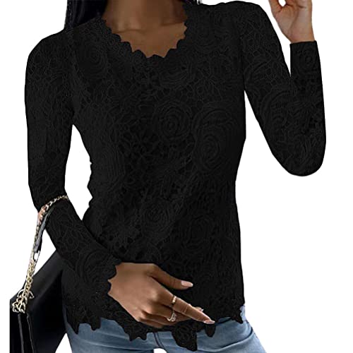 ORANDESIGNE Damen Spitzenbluse Kurzarm Oberteil Spitzenshirt Tunika Damen Bluse Spitze Hemd Langarm Elegant Tops Einfarbig Oberteile Tunika Tops AC Schwarz XXL von ORANDESIGNE